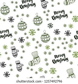 Dark Green vector seamless cover with beautiful snowflakes, balls, socks, mittens. Colorful decorative design in xmas style. Pattern for trendy fabric, wallpapers.