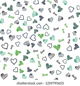 Dark Green vector seamless cover with quote LOVE YOU, hearts. Romantic illustration with colorful phrase LOVE YOU, hearts. Texture for window blinds, curtains.