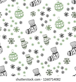 Dark Green vector seamless cover with beautiful snowflakes, balls, socks, mittens. Colorful decorative design in xmas style. Design for wallpaper, fabric makers.