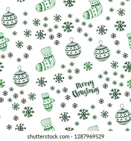 Dark Green vector seamless cover with beautiful snowflakes, balls, socks, mittens. Modern geometric abstract illustration. Pattern for design of fabric, wallpapers.