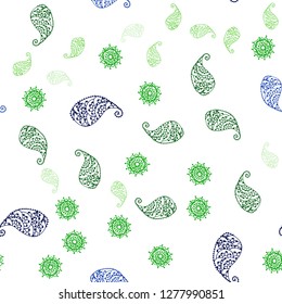 Dark Green vector seamless doodle background with leaves and flowers. Leaves and flowers with gradient on white background. Texture for window blinds, curtains.