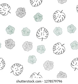 Dark Green vector seamless doodle pattern with flowers, leaves. Leaves, flowers in natural style on white background. Texture for window blinds, curtains.