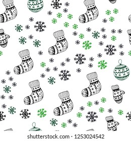 Dark Green vector seamless layout with bright snowflakes, balls, socks, mittens. Colorful decorative design in xmas style. Design for wallpaper, fabric makers.