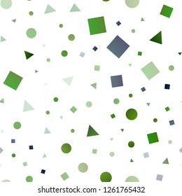Dark Green vector seamless layout with circles, lines, rectangles. Circles, lines, rhombus with colorful gradient. Pattern for design of fabric, wallpapers.