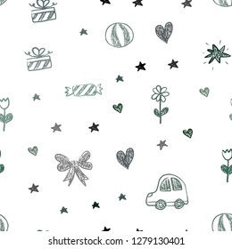 Dark Green vector seamless layout with new year gifts. Shining illustration with a toy car, heart, baloon, tulip, candy, ball. Design for holiday adverts.