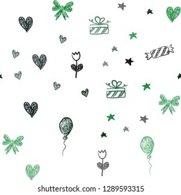 Dark Green vector seamless layout in new year style. Illustration with a gradientheart, baloon, candy, gift, star, ribbon. Design for holiday adverts.