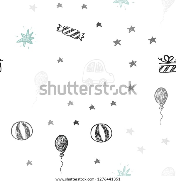Dark Green vector seamless layout in new year style.\
Illustration with a colorful toy car, baloon, candy, star, ball.\
Pattern for new year ads.