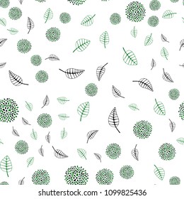 Dark Green vector seamless natural pattern with leaves and flowers. Sketchy doodles on white background. Completely new template for your brand book.
