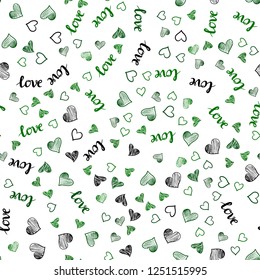Dark Green vector seamless pattern with phrase LOVE YOU, hearts. Design in doodle style with text LOVE YOU, hearts. Design for textile, fabric, wallpapers.