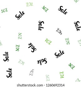 Dark Green vector seamless pattern with 30, 40, 50, 70 percentage signs. Abstract illustration with colorful gradient symbols of sales. Backdrop for mega promotions, discounts.