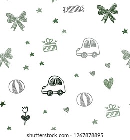 Dark Green vector seamless pattern with christmas toys. Illustration with a colorful toy car, heart, baloon, tulip, candy, ball. Pattern for carnival, festival ads.