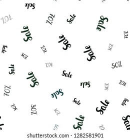 Dark Green vector seamless pattern with 30, 50, 70 percentage signs. Colored words of sales with gradient on white background. Backdrop for super sales on Black Friday.