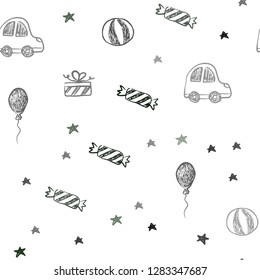 Dark Green vector seamless pattern in christmas style. Illustration with a colorful toy car, baloon, candy, star, ball. Pattern for birthday gifts.