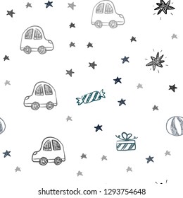 Dark Green vector seamless pattern in christmas style. Abstract illustration with a toy car, baloon, candy, star, ball. Pattern for birthday gifts.