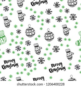 Dark Green vector seamless template with ice snowflakes, balls, socks, mittens. Shining colorful illustration in christmas style. Design for wallpaper, fabric makers. Dark Green vector seamless template with ice snowflakes, balls, socks, mittens. Shining colorful illustration in christmas style. Design for wallpaper, fabric makers.