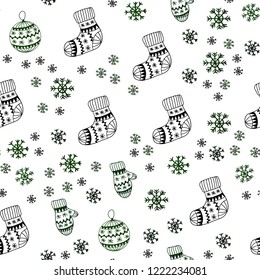 Dark Green vector seamless template with ice snowflakes, balls, socks, mittens. Glitter abstract illustration with gradient. Design for wallpaper, fabric makers.