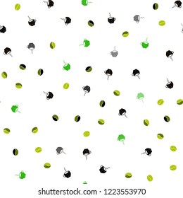 Dark Green vector seamless template with cups of coffee, beans. Gradient illustration with set of mugs, beans. Template of a black hot beverage in a cafe.