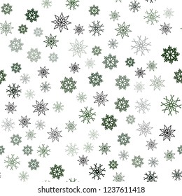 Dark Green vector seamless template with ice snowflakes. Shining colored illustration with snow in christmas style. Pattern for design of fabric, wallpapers.