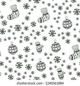 Dark Green vector seamless template with ice snowflakes, balls, socks, mittens. Colorful illustration with xmas symbols. Pattern for trendy fabric, wallpapers.