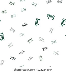 Dark Green vector seamless texture with selling prices 30, 40, 50 %. Colorful set of  percentage signs in simple style. Template for season sales, shopping ads.