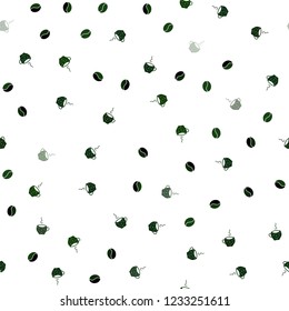 Dark Green vector seamless texture with coffee beans, mugs. Gradient abstract collection of coffee cups and beans. Template of a black hot beverage in a cafe.