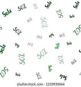 Dark Green vector seamless texture with selling prices 50 %. Colored words of sales with gradient on white background. Backdrop for super sales on Black Friday.