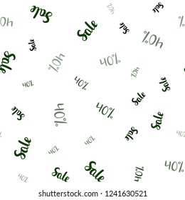 Dark Green vector seamless texture with selling prices 40 %. Colored words of sales with gradient on white background. Design for business ads, commercials.