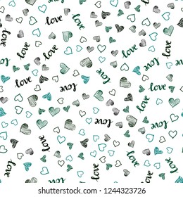 Dark Green vector seamless texture with words LOVE YOU, hearts. Illustration with words of love, hearts in abstract style. Pattern for design of fabric, wallpapers.