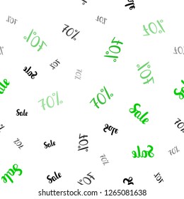 Dark Green vector seamless texture with selling prices 70 %. Shining colorful illustration with isolated selling prices. Backdrop for super sales on Black Friday.