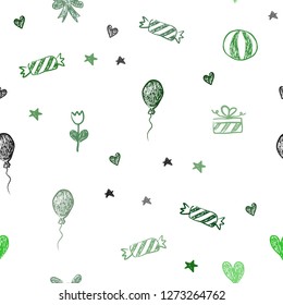 Dark Green vector seamless texture in birthday style. Illustration with a gradientheart, baloon, candy, gift, star, ribbon. Pattern for birthday gifts.