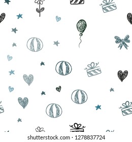 Dark Green vector seamless texture in birthday style. Abstract illustration with aheart, baloon, candy, gift, star, ribbon. Template for new year postcards.