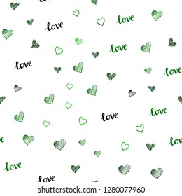 Dark Green vector seamless texture with words LOVE YOU, hearts. Design in doodle style with text LOVE YOU, hearts. Pattern for design of fabric, wallpapers.