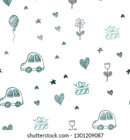 Dark Green vector seamless texture with birthday gifts. Design in xmas style with a toy car, heart, baloon, tulip, candy, ball. Design for colorful commercials.