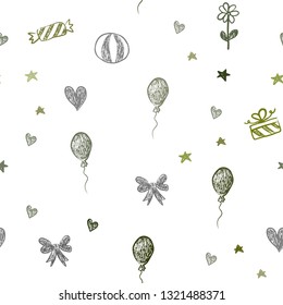 Dark Green vector seamless texture in birthday style. Illustration with a colorfulheart, baloon, candy, gift, star, ribbon. Pattern for new year ads.