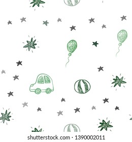 Dark Green vector seamless texture in birthday style. Colorful illustration with a toy car, baloon, candy, star, ball. Design for colorful commercials.
