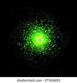 Dark green vector shining cosmic swirl.Green galaxy.Cosmic element.Green glowing on dark background.