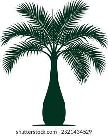 A dark green vector silhouette of a bottle palm tree characterized by its bulbous lower trunk and feather fronds.