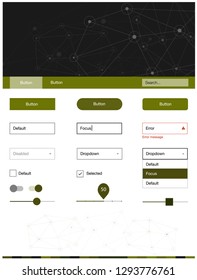 Dark Green vector style guide with triangles, circles. Web ui kit with abstract triangles, circles in its header. This template you can use for websites.