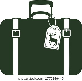 A dark green vector suitcase with white accents and a luggage tag featuring a deer silhouette on a white background with a handle on top