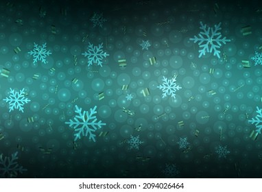 Plantilla de vector verde oscuro en estilo carnaval. Ilustración con gradientes bolas de Navidad, copos de nieve. Plantilla para letras, tipografía.