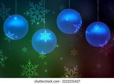 Dark Green vector template in carnival style. Illustration with colorful snowflakes and Christmas balls. Pattern for booklets, leaflets of education.