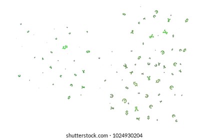 Dark Green vector template with Euro, Dollar, Yen. Abstract illustration with colored financial digital symbols. The pattern can be used for ad, booklets, leaflets of banks.