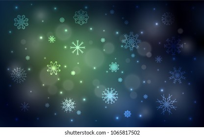 Dark Green vector template with ice snowflakes. Blurred decorative design in xmas style with snow. The template can be used as a new year background.
