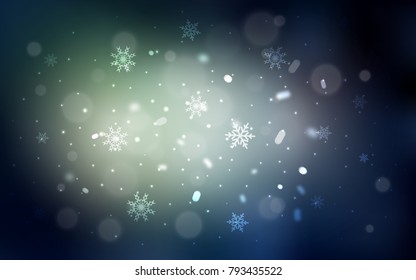 Dark Green vector template with ice snowflakes. Blurred decorative design in xmas style with snow. New year design for your ad, poster, banner.