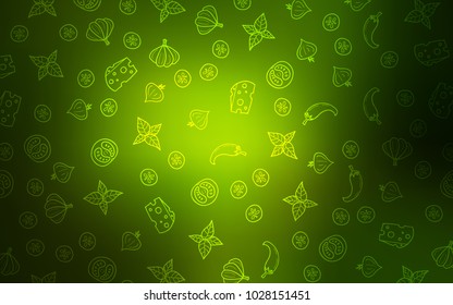 Dark Green vector template with organic meal. Fast Food on blurred abstract background with colorful gradient. Pattern for ads of breakfast, lunch, dinner.