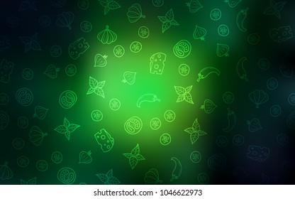 Dark Green vector template with organic meal. Fast Food on blurred abstract background with colorful gradient. Pattern for ads of breakfast, lunch, dinner.