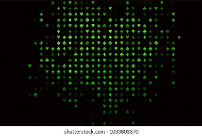 Dark Green vector template with poker symbols. Colorful gradient with signs of hearts, spades, clubs, diamonds. Template for business cards of casinos.