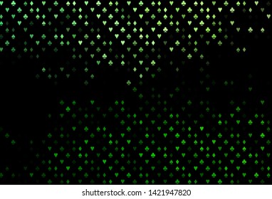 Dark Green vector template with poker symbols. Shining illustration with hearts, spades, clubs, diamonds. Pattern for booklets, leaflets of gambling houses.