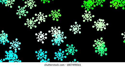 Plantilla de vector verde oscuro con signos de virus. Ilustración inteligente con signos cómodos en estilo decorativo. Mejor diseño para eventos de cuarentena.