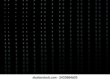 Textura vectorial verde oscuro con símbolos financieros. Ilustración con símbolos de dólar, USD, EE.UU. en plantilla blanca. El patrón se puede utilizar para sitios web financieros, de inversión.